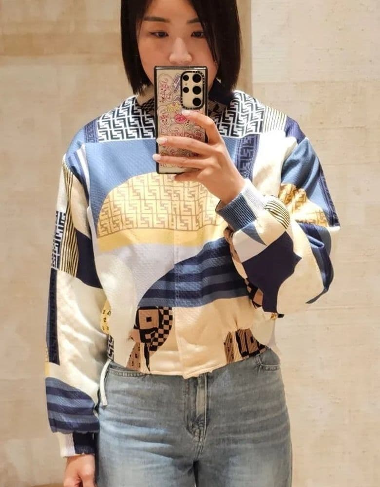 Just sharing my thoughts on the Fendi Patchwork Print Blue Silk Reversible Bomber!