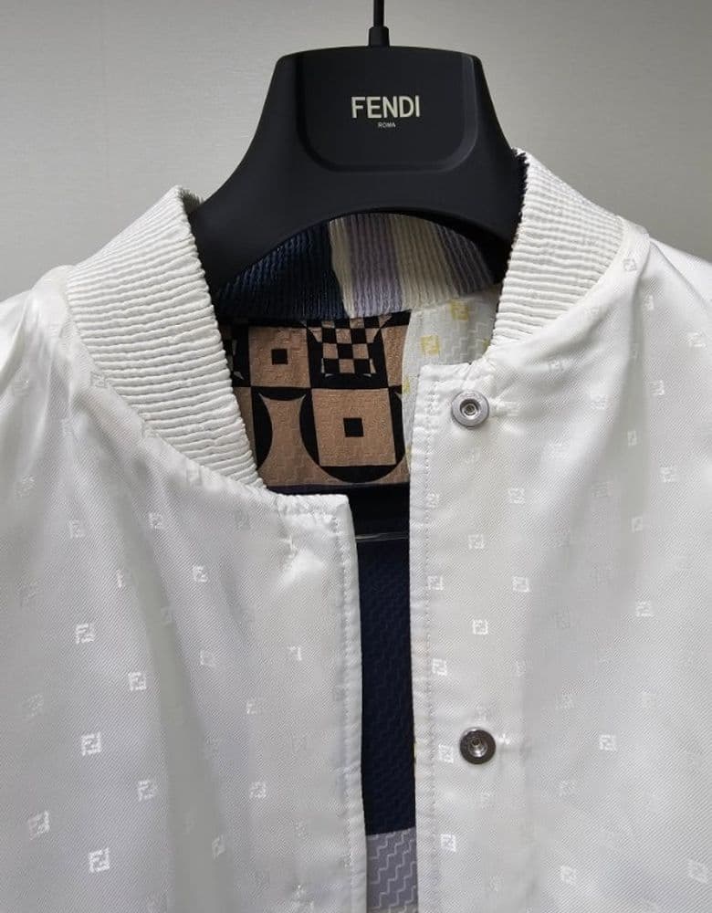 Just sharing my thoughts on the Fendi Patchwork Print Blue Silk Reversible Bomber!