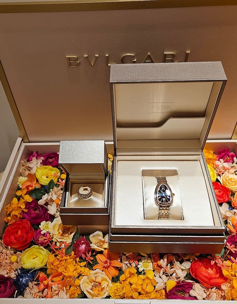 Bulgari Seduttori watch, Serpenti ring, Hermès loafers, Finesse, Bolide 25 Etoupe. Prada briefcase.