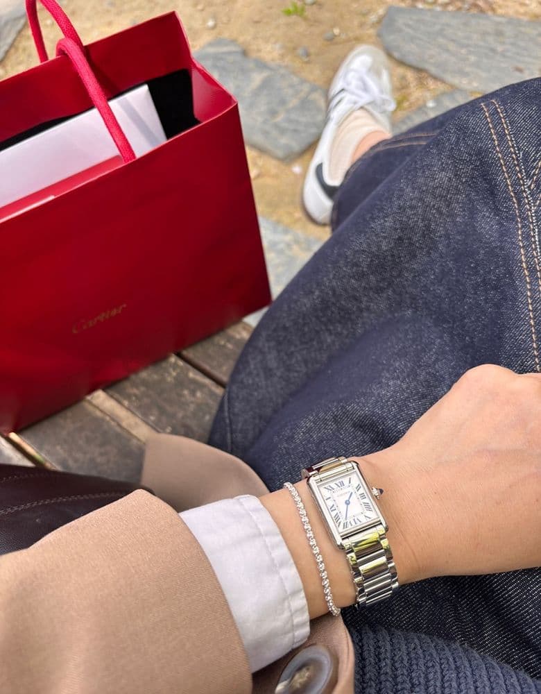 까르띠에 탱크머스크 스텐 스몰 & 골든듀 다이아 테니스 팔찌