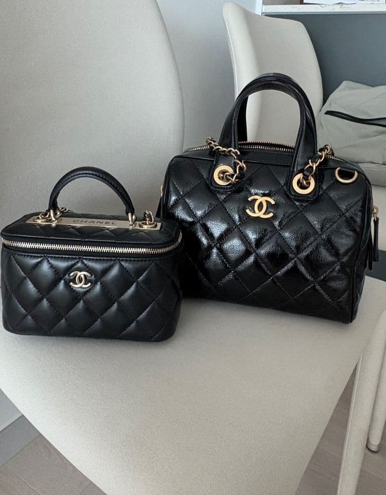 Chanel vanity bag, modeled.