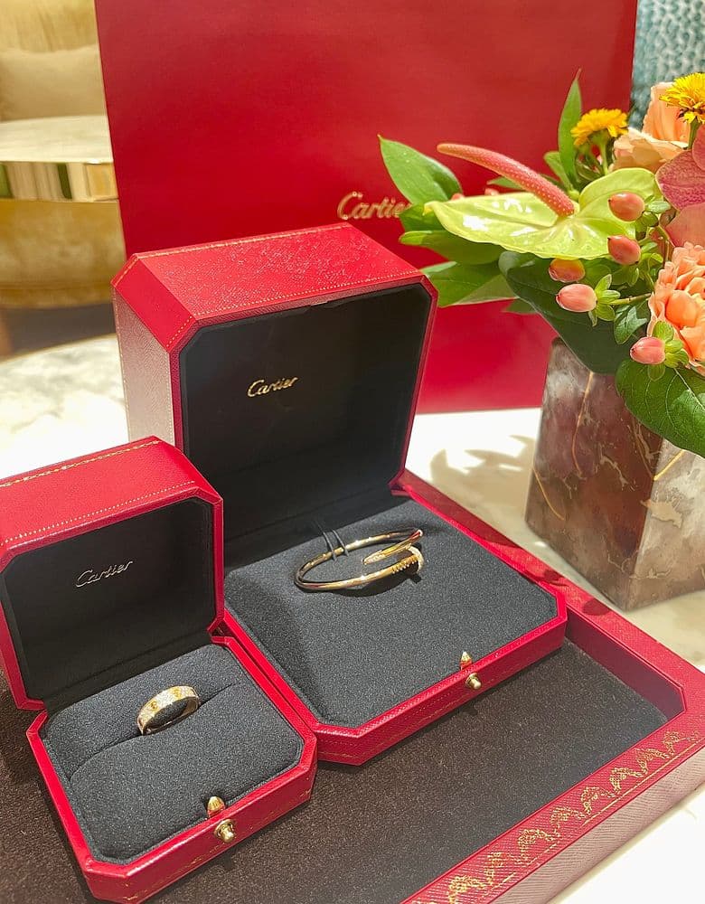 Cartier LOVE Ring, paved, small model; Juste un Clou classic ring, half-paved.