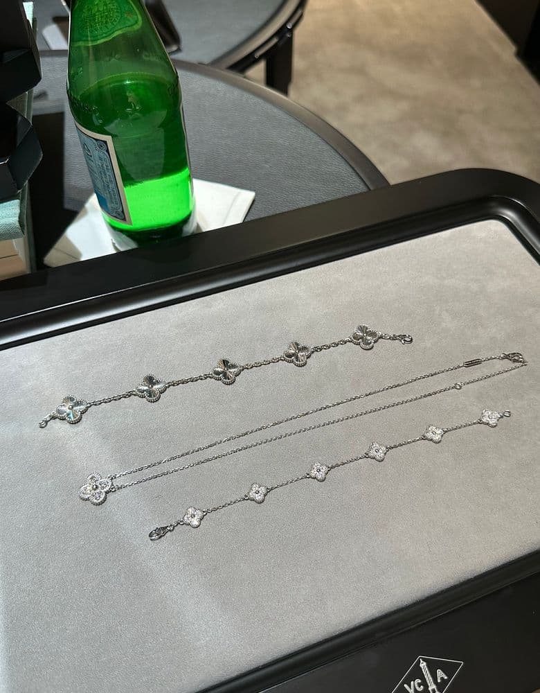 Looking to purchase a Van Cleef & Arpels Vinda necklace. Also considering Vinda earrings, the Sweet Alhambra diamond 6 motif, Guilloché 5 motif, Damiani Mimosa ring and earrings, and Fred Chance Infinite earrings (pics of them on would be great!).