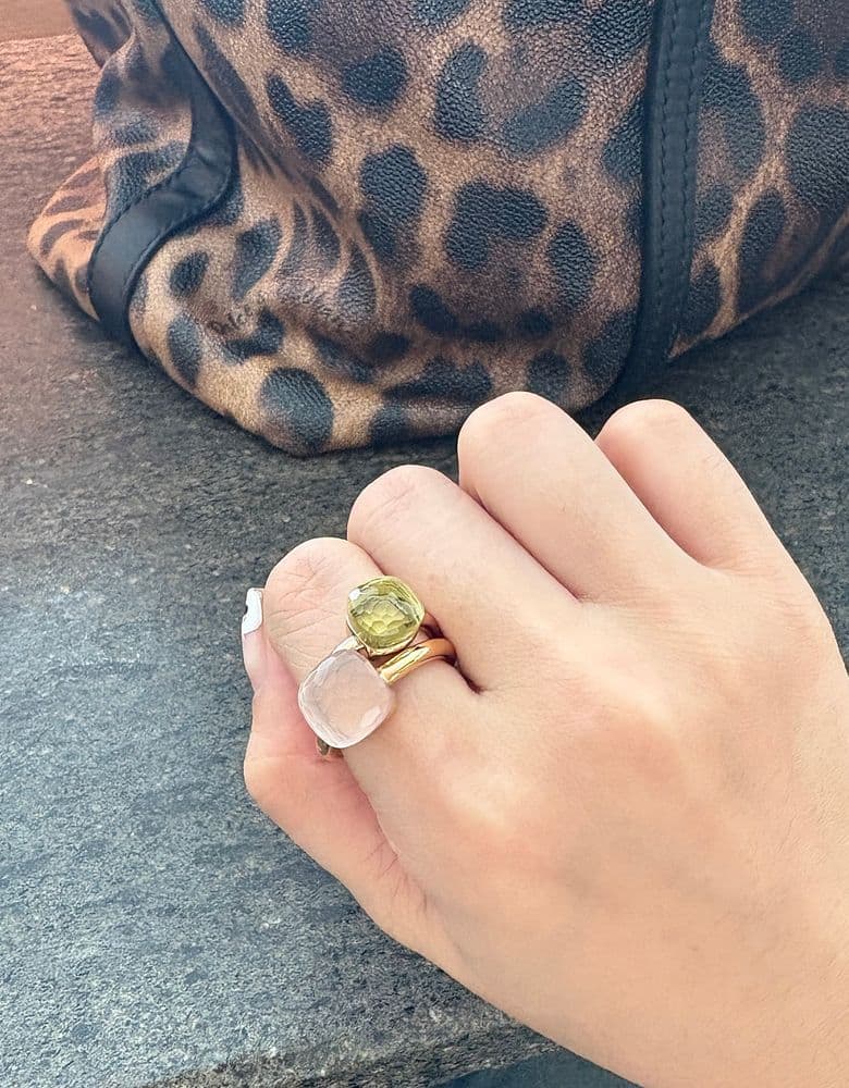 Pomellato Nudo rings in rose quartz and lemon quartz.