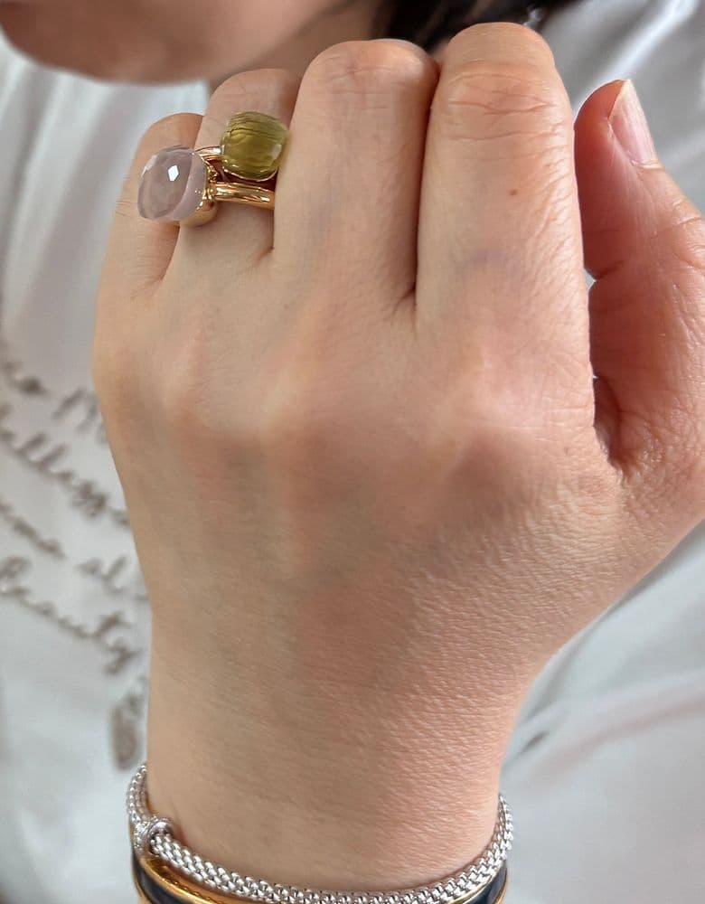 Pomellato Nudo rings in rose quartz and lemon quartz.
