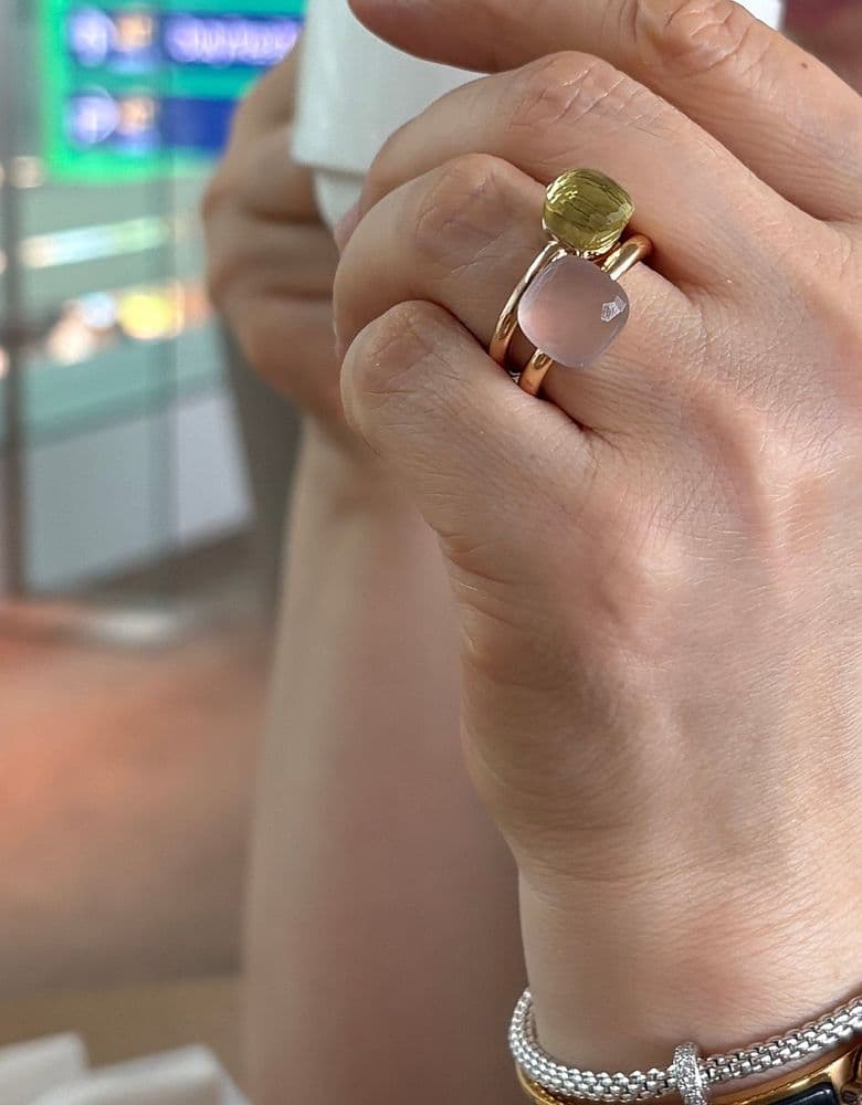 Pomellato Nudo rings in rose quartz and lemon quartz.