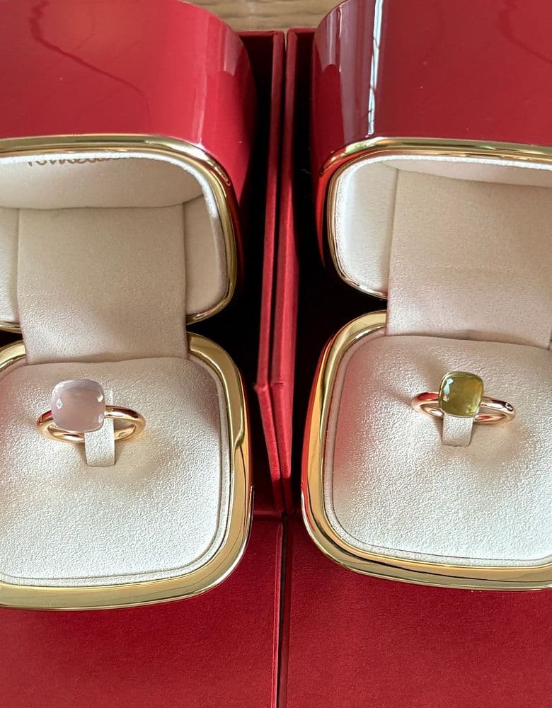 Pomellato Nudo rings in rose quartz and lemon quartz.