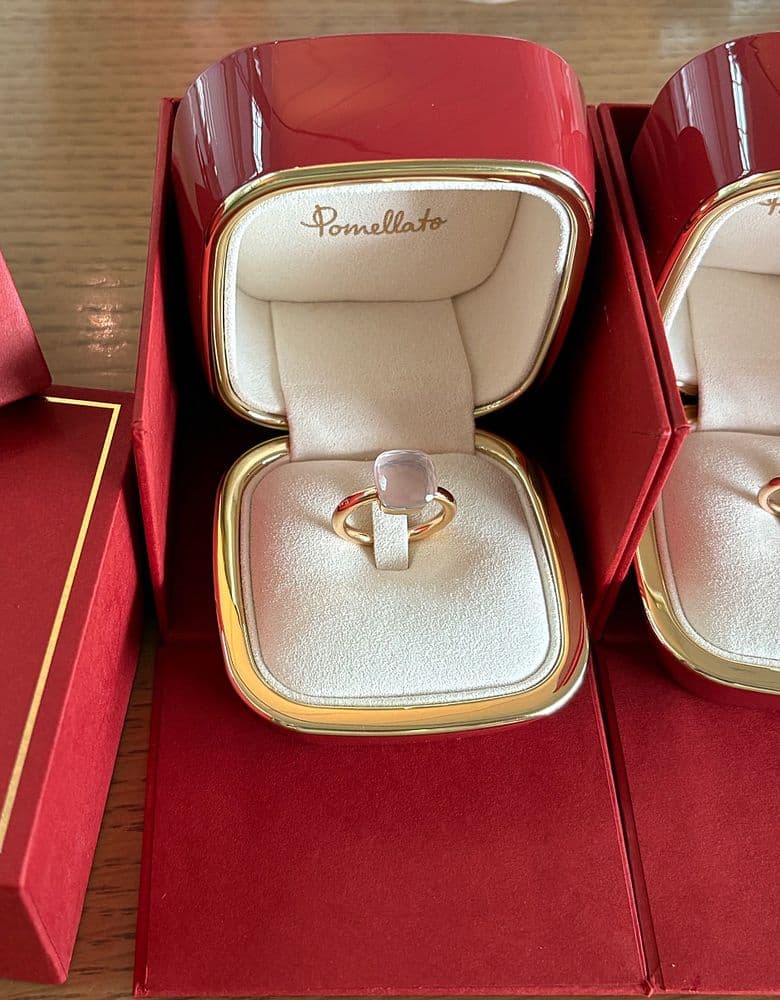 Pomellato Nudo rings in rose quartz and lemon quartz.