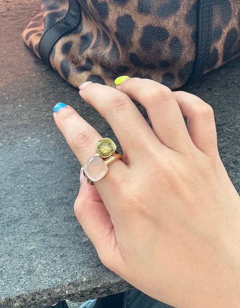 Pomellato Nudo rings in rose quartz and lemon quartz.