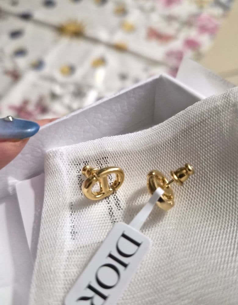 Dior CD Navy Stud Earrings in Gold