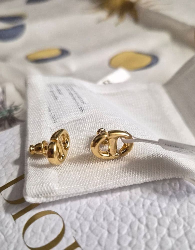 Dior CD Navy Stud Earrings in Gold