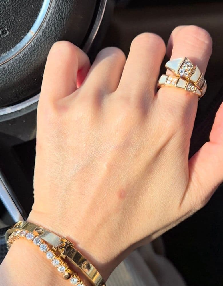 Bvlgari Serpenti ring, a stunning combination of diamonds and mother-of-pearl.