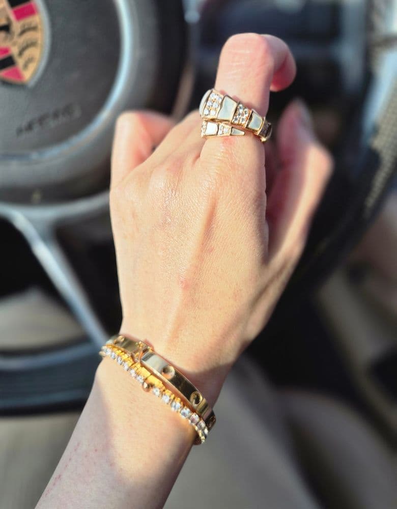 Bvlgari Serpenti ring, a stunning combination of diamonds and mother-of-pearl.