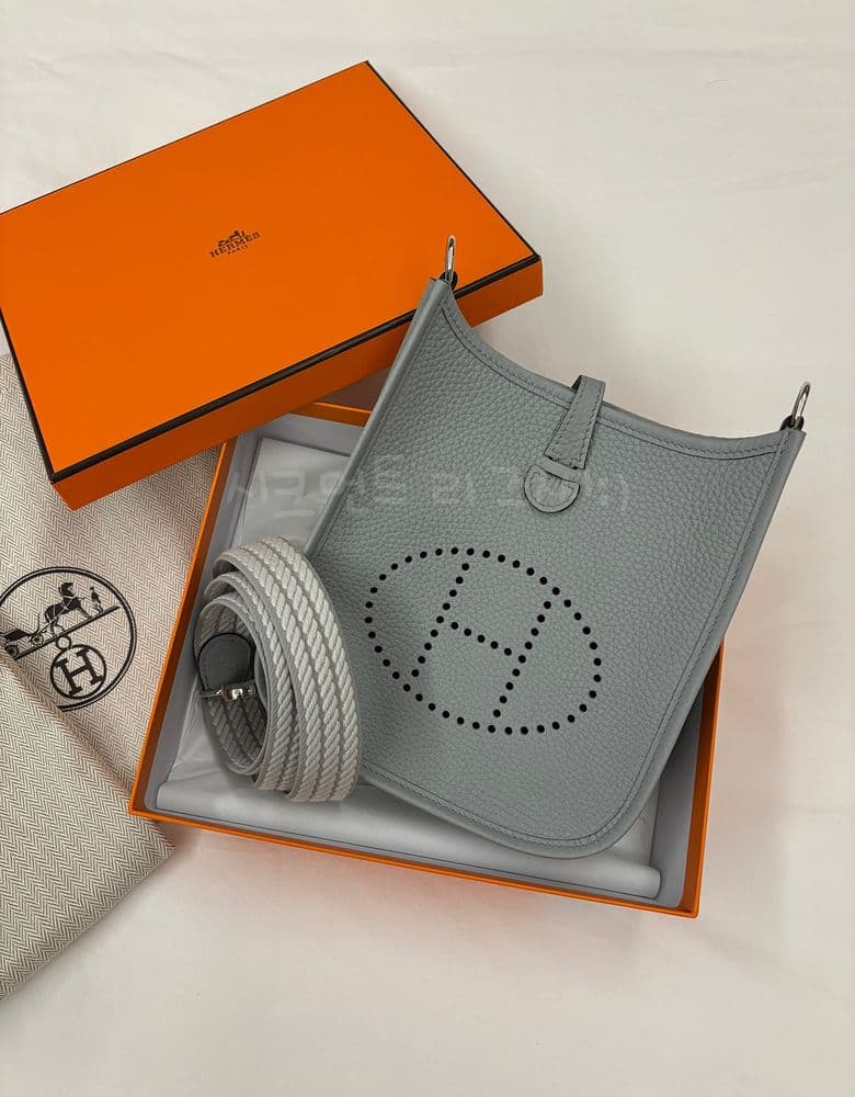 Hermès Blue Glacier Mini Evelyne with Silver Hardware (Strap Length Comparison)