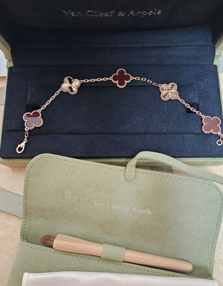 Van Cleef & Arpels Alhambra Carnelian Vintage Yellow Gold Necklace + Carnelian Guilloché Rose Gold Bracelet