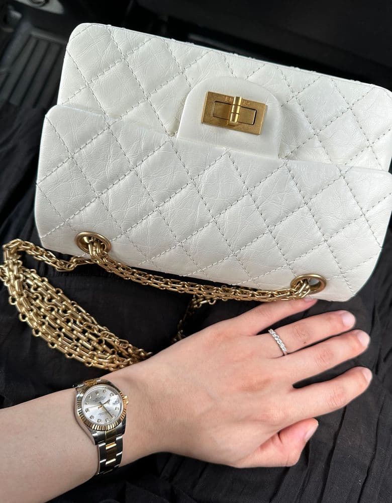 Chanel 2.55 Mini Handbag in Vintage Calfskin & Gold Metal, White