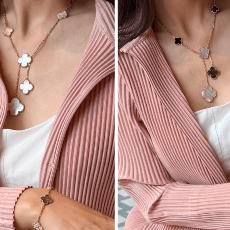 Van Cleef & Arpels Magic Alhambra 6-Motif Necklace and Bracelet: A Color Comparison (feat. my own pleated cardigan OOTD - yes, I bought it!)
