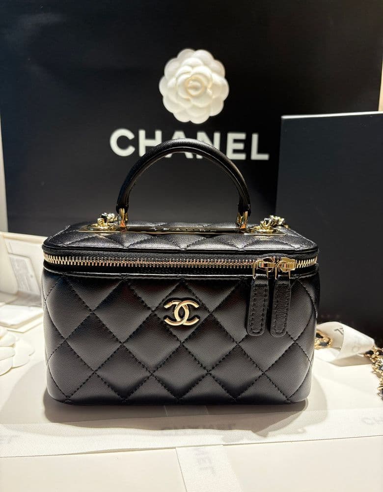 Chanel vanity bag, modeled.